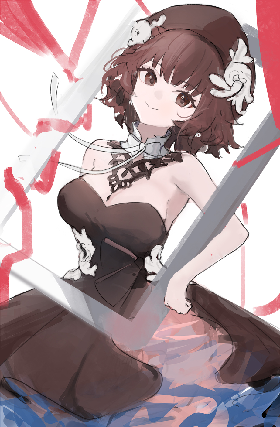 1girl arknights bare_arms bare_shoulders black_dress breasts brown_eyes brown_hair cleavage commentary_request dress ema_(kuguiema) hat highres large_breasts looking_at_viewer official_alternate_costume roberta_(arknights) roberta_(granter_of_colors)_(arknights) short_hair smile solo strapless strapless_dress