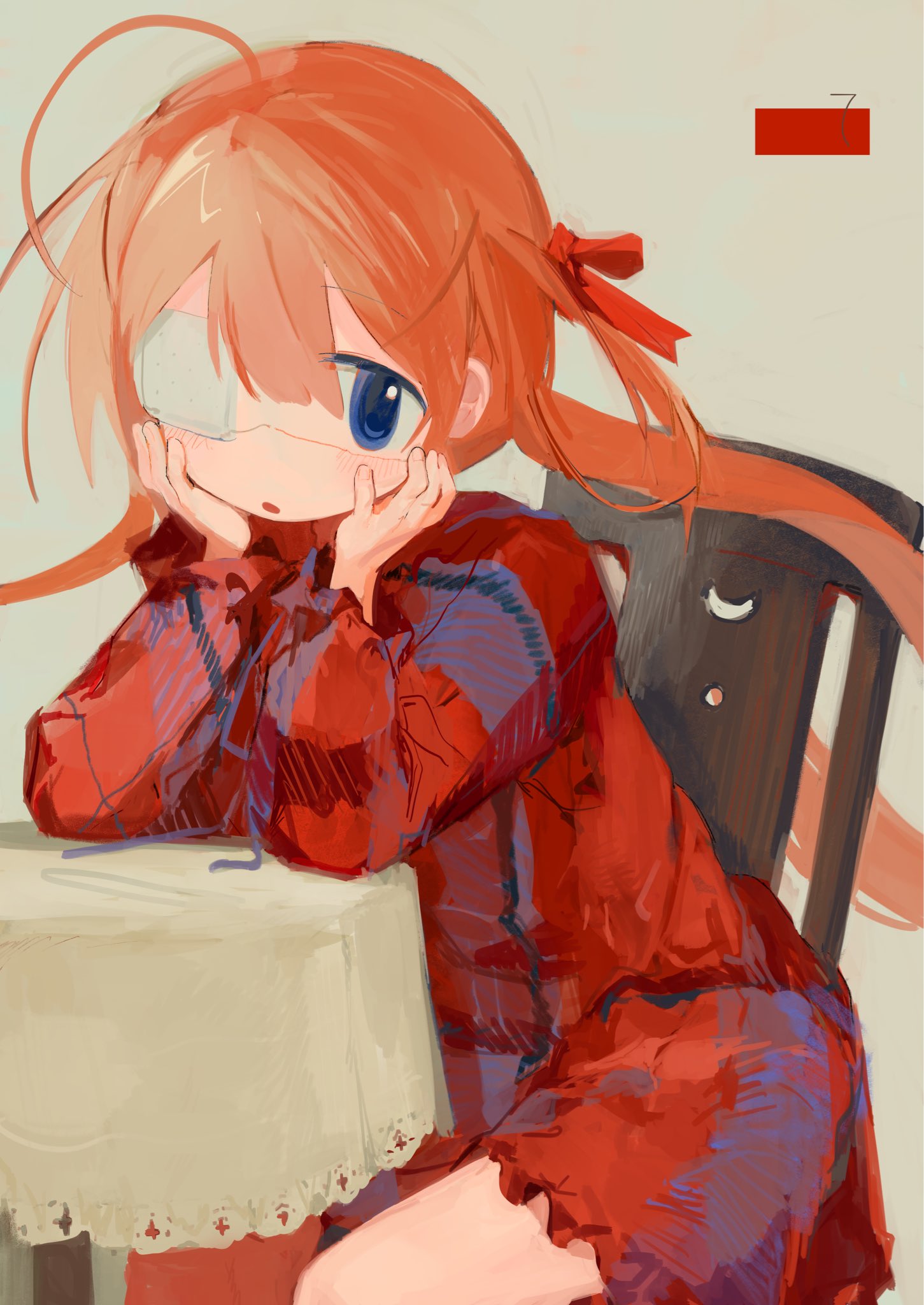 1girl ahoge arm_support blue_eyes character_request dress eyepatch hair_between_eyes hair_ribbon hand_on_own_face highres medical_eyepatch on_chair one_side_up original plaid plaid_dress red_dress red_ribbon ribbon sitting solo table tablecloth tenpibo_ramune thighs wooden_chair