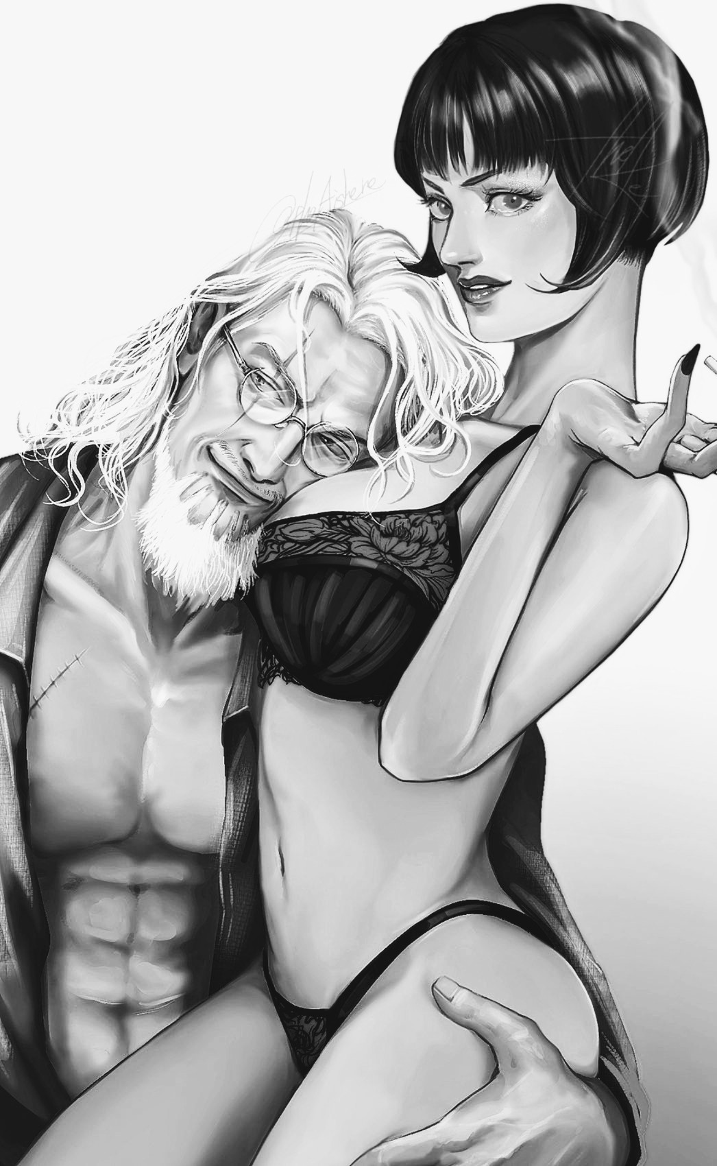 1boy 1girl abs beard black_hair bob_cut bra cigarette collared_shirt commentary facial_hair glasses gradient_background greyscale head_on_chest highres holding holding_cigarette la_la_la_la looking_at_viewer looking_to_the_side medium_hair monochrome on_lap one_piece open_clothes open_shirt panties scar scar_across_eye shakuyaku_(one_piece) shirt silvers_rayleigh smile smoke underwear v-shaped_eyebrows white_hair