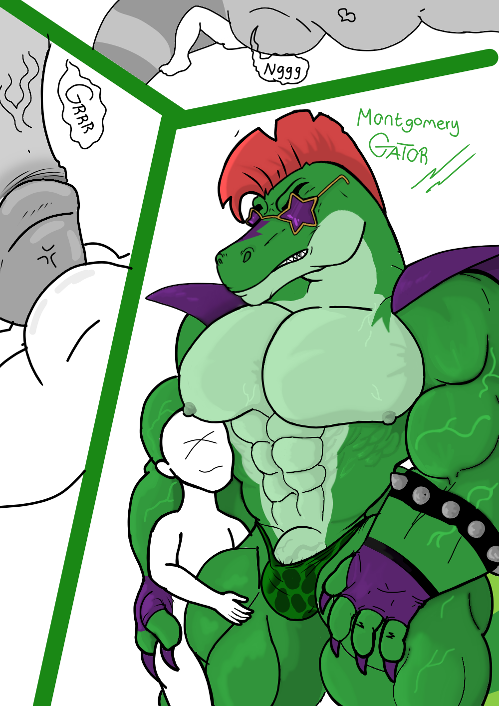 alligator alligatorid anthro big_dom_small_sub big_penis bulge clothing crocodilian dominant duo erection eyewear five_nights_at_freddy's five_nights_at_freddy's:_security_breach genitals glasses hi_res human humanoid kogo larger_male male male/male mammal montgomery_gator muscular muscular_male penis reptile scalie scottgames size_difference steel_wool_studios underwear