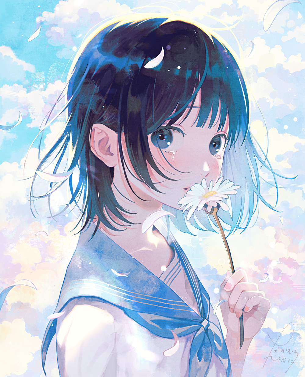 1girl black_hair blue_eyes blue_neckerchief blue_sailor_collar blue_sky blush cloud cloudy_sky commentary_request crying crying_with_eyes_open daisy dated day falling_petals flower hand_up highres holding holding_flower looking_at_viewer multicolored_background nakamura_hinata neckerchief original outdoors petals sailor_collar school_uniform serafuku shirt short_hair signature sky solo tears upper_body white_flower white_shirt