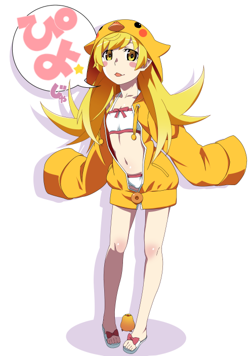 1girl animal bare_legs bikini bird bird_hood blonde_hair blush_stickers chick commentary drop_shadow full_body gesugesu_ahoaho hood hoodie long_hair looking_at_viewer monogatari_(series) navel open_clothes open_hoodie open_mouth oshino_shinobu partially_unzipped pointy_ears simple_background sleeves_past_fingers sleeves_past_wrists smile solo speech_bubble spoken_sound_effect standing swimsuit toes very_long_hair white_background white_bikini yellow_eyes yellow_hoodie