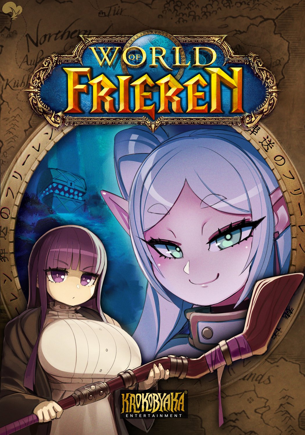 2024 blizzard_entertainment breasts clothing crossover duo elf english_text female fern_(frieren) frieren frieren_beyond_journey's_end hair hi_res human humanoid humanoid_pointy_ears krokobyaka light_body light_skin long_hair mammal mimic_chest not_furry signature staff text warcraft
