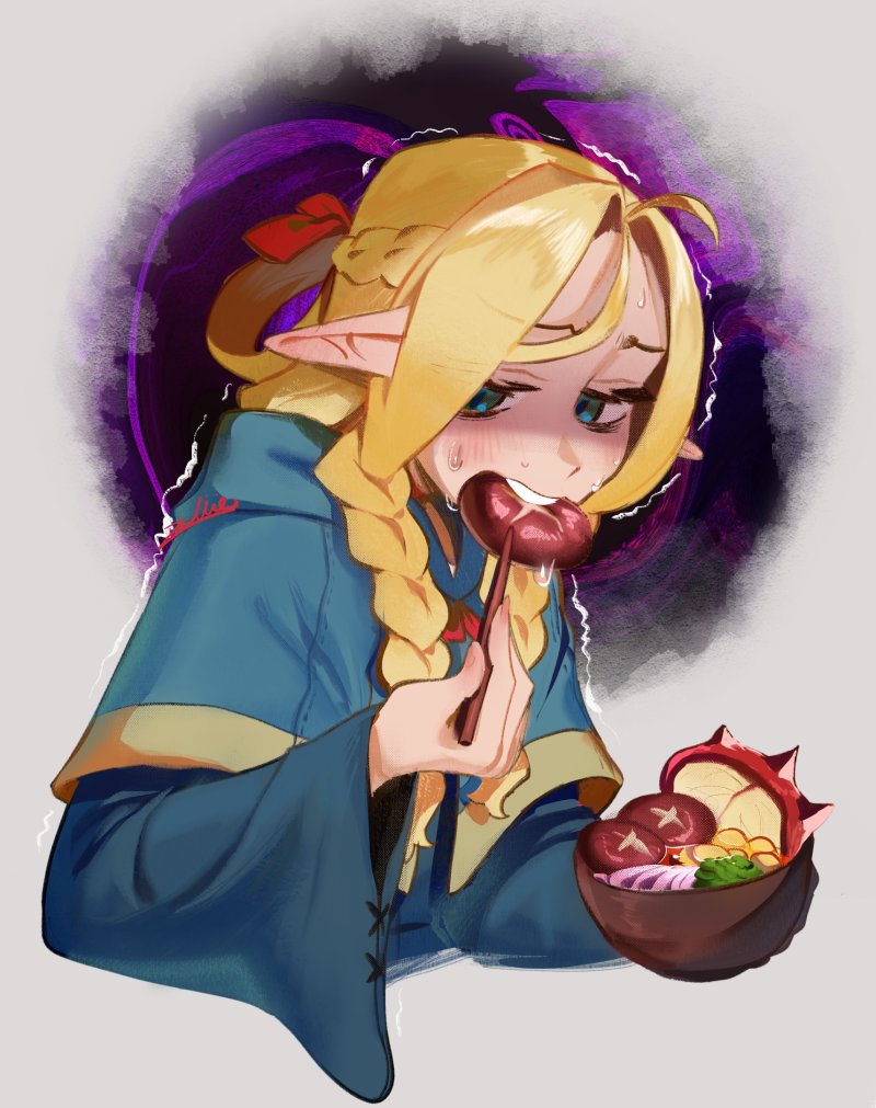 1girl ahoge bags_under_eyes blonde_hair blue_capelet blue_robe bow bowl braid capelet chopsticks dungeon_meshi eating elf food french_braid green_eyes hair_around_ear hair_bow half_updo holding holding_bowl holding_chopsticks holding_food hood hood_down hooded_capelet light_blush long_hair long_sleeves marcille_donato mushroom open_mouth pointy_ears red_bow robe shaded_face solo trembling twin_braids worried zambiie