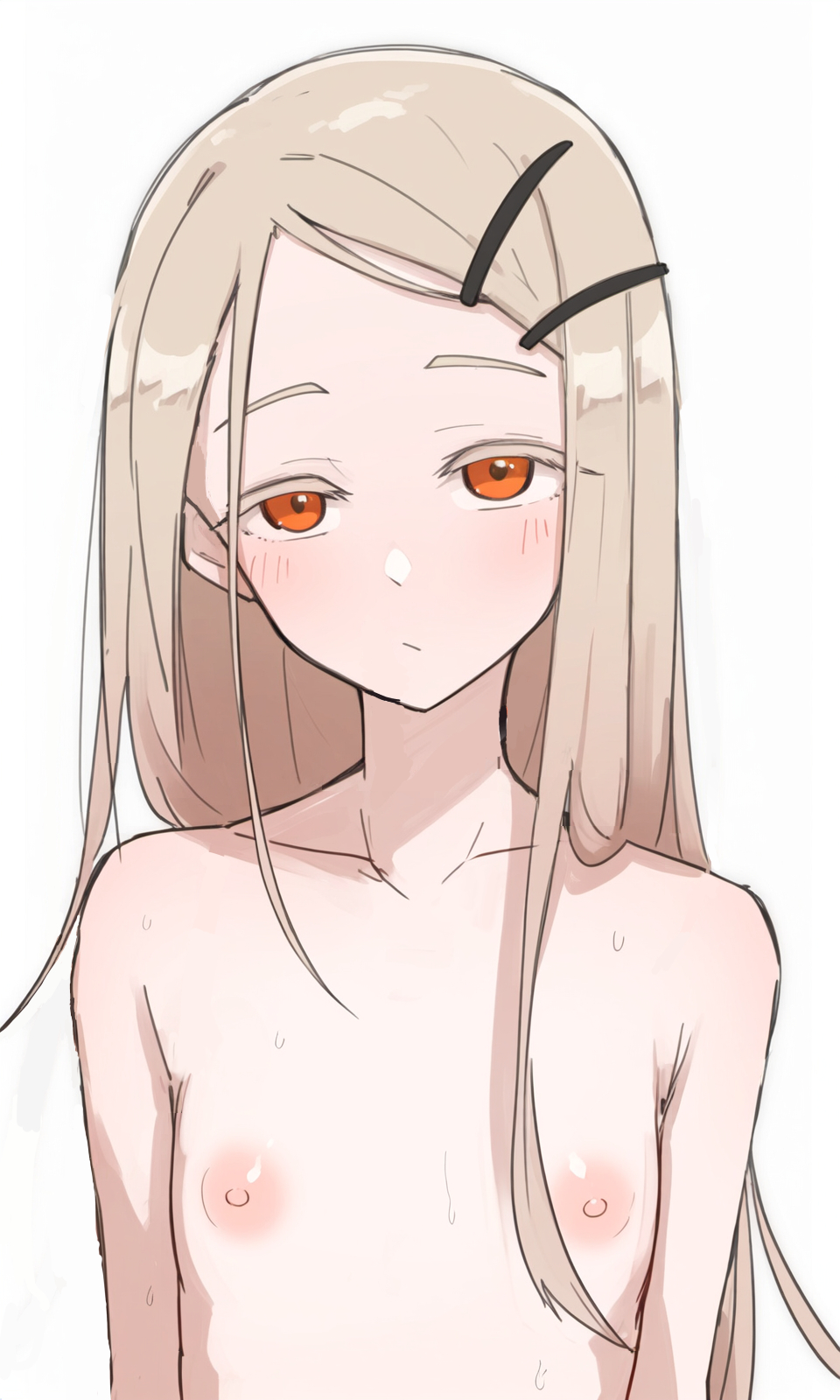 1girl ai-generated blush completely_nude flat_chest gakuen_idolmaster hair_ornament hairpin highres idolmaster light_brown_hair long_hair looking_at_viewer nipples nude shinosawa_hiro simple_background solo straight_hair upper_body very_long_hair white_background yororo