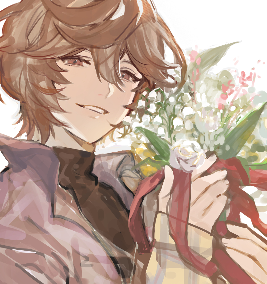 1boy ahoge bouquet brown_hair commentary_request flower granblue_fantasy hair_between_eyes holding holding_bouquet looking_at_viewer male_focus messy_hair official_alternate_costume plaid_sleeves popped_collar red_eyes rose sandalphon_(granblue_fantasy) shirt short_hair smile solo_focus tki turtleneck white_flower white_rose white_shirt