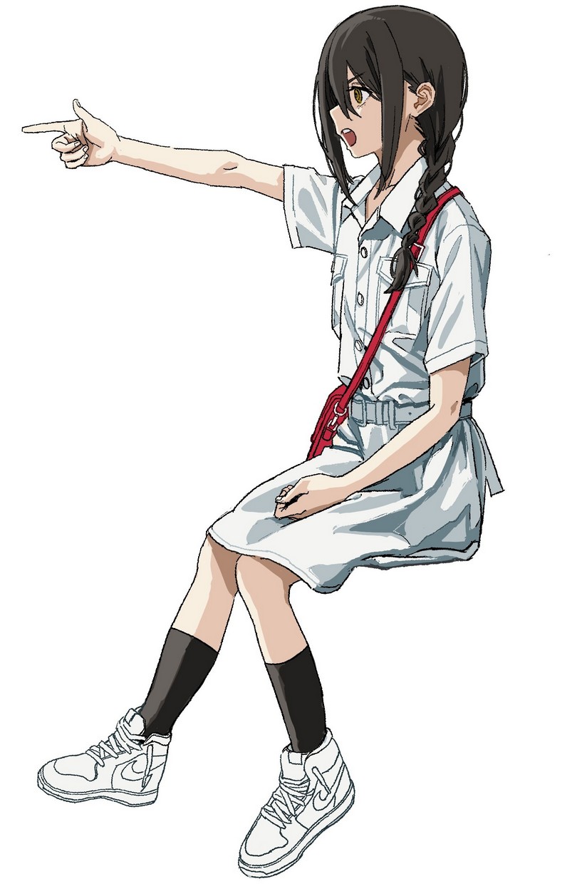 1girl bag black_hair black_socks braid chainsaw_man collared_shirt finger_gun from_side highres invisible_chair long_hair nayuta_(chainsaw_man) open_mouth red_bag ringed_eyes school_uniform shiren_(ourboy83) shirt shoes short_sleeves shoulder_bag sidelocks simple_background sitting skirt sneakers socks solo teeth upper_teeth_only white_background white_footwear yellow_eyes