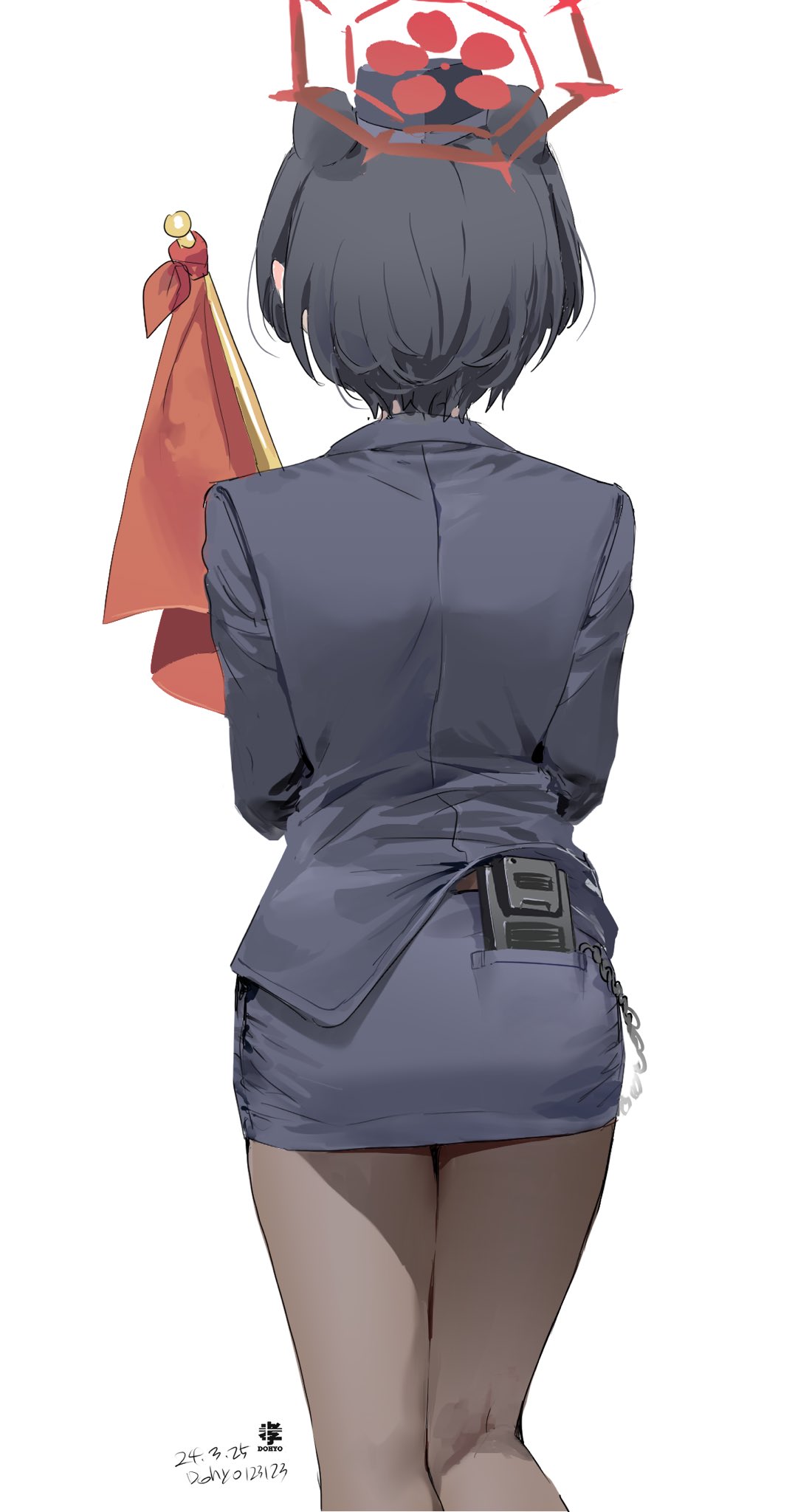 1girl ass black_hair black_hat blue_archive dohyo123123 extra_ears facing_away flag halo highres holding holding_flag miniskirt pantyhose pencil_skirt short_hair simple_background skirt solo tour_guide tsubaki_(blue_archive) tsubaki_(guide)_(blue_archive) walkie-talkie white_background