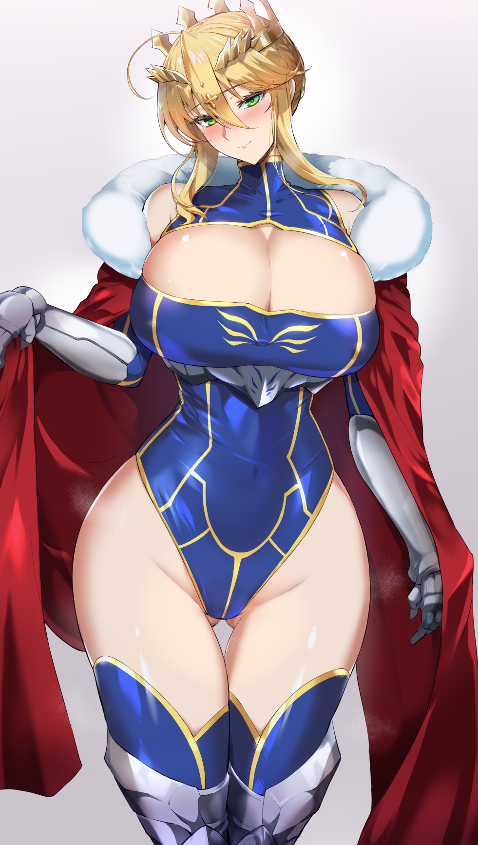 1girl armored_gloves artoria_pendragon_(fate) artoria_pendragon_(lancer)_(fate) ass_visible_through_thighs blonde_hair blue_leotard blue_thighhighs blush breasts cleavage closed_mouth covered_navel fate/grand_order fate_(series) green_eyes grey_background hair_between_eyes highleg highleg_leotard highres huge_breasts kumakichi_(cost-lost) leotard looking_at_viewer medium_hair simple_background smile solo thigh_gap thighhighs thighs
