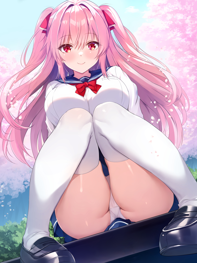 1girl black_footwear blue_sailor_collar blue_skirt breasts cherry_blossoms closed_mouth commentary_request day hair_ribbon knees_together_feet_apart knees_up large_breasts long_hair looking_at_viewer maki_(seventh_heaven_maxion) miniskirt original outdoors panties pantyshot pink_hair pleated_skirt red_eyes red_ribbon ribbon sailor_collar school_uniform serafuku shirt sitting skirt smile solo thighhighs two_side_up underwear white_panties white_shirt white_thighhighs