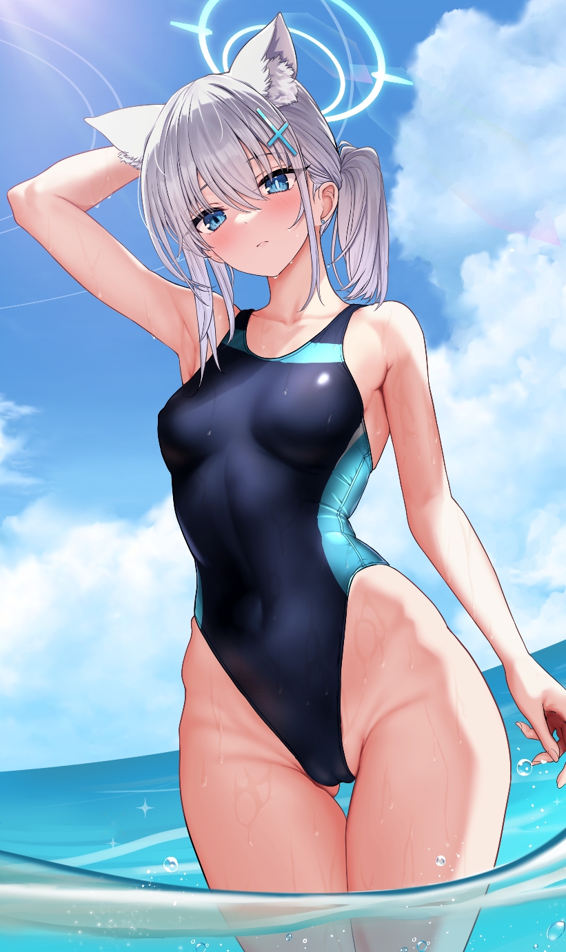 1girl animal_ear_fluff animal_ears black_one-piece_swimsuit blue_archive blue_eyes breasts commentary competition_swimsuit covered_navel cross_hair_ornament extra_ears grey_hair hair_ornament halo hidis0086 highres low_ponytail medium_breasts medium_hair mismatched_pupils multicolored_clothes multicolored_swimsuit official_alternate_costume one-piece_swimsuit partially_underwater_shot shiroko_(blue_archive) shiroko_(swimsuit)_(blue_archive) solo standing swimsuit wading wolf_ears