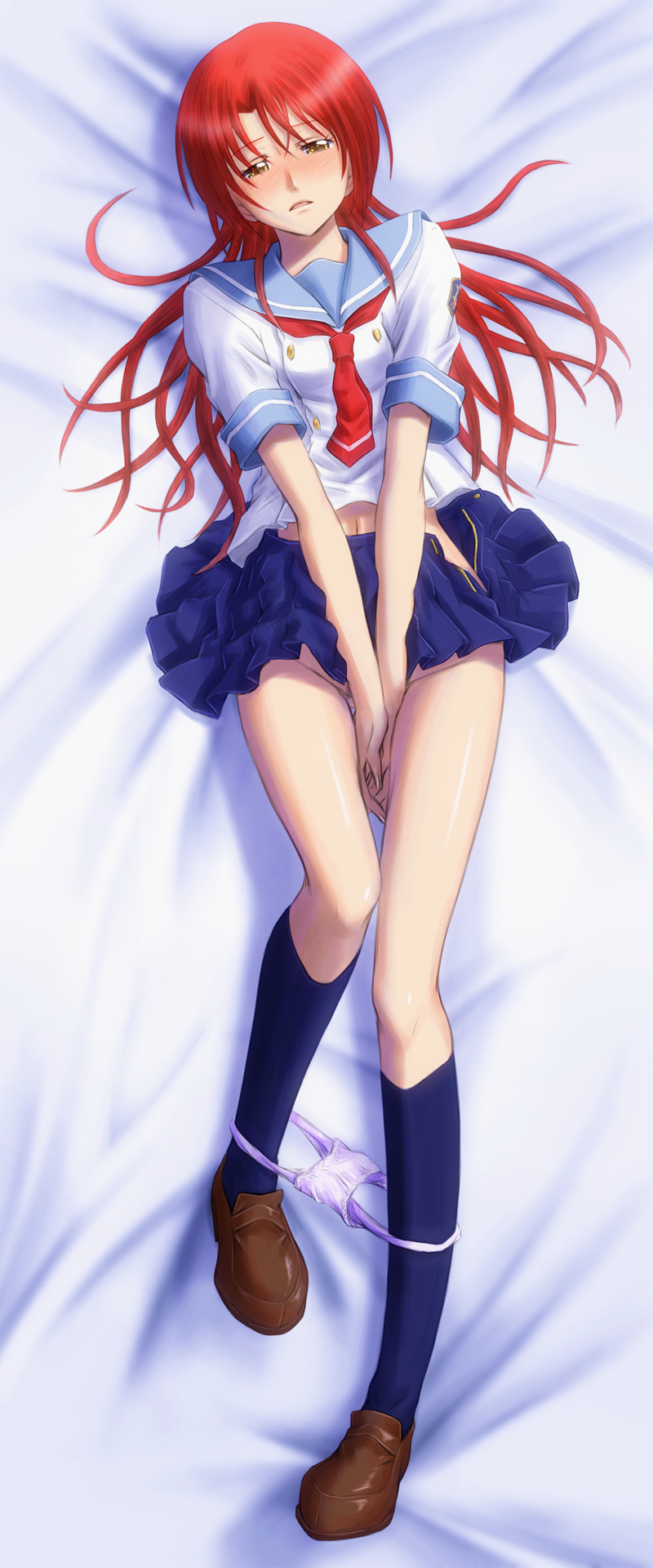 1girl bed_sheet between_legs blue_sailor_collar blue_skirt blue_socks bonnie_(rsg) brown_footwear covering_crotch covering_privates from_above full_body half-closed_eyes hand_between_legs highres hino_kahoko la_corda_d'oro loafers long_hair looking_at_viewer lying midriff miniskirt navel neckerchief on_back panties panties_around_one_leg pleated_skirt purple_panties red_hair red_neckerchief sailor_collar sailor_shirt school_uniform serafuku shirt shoes short_sleeves skirt socks solo stomach straight_hair underwear white_shirt
