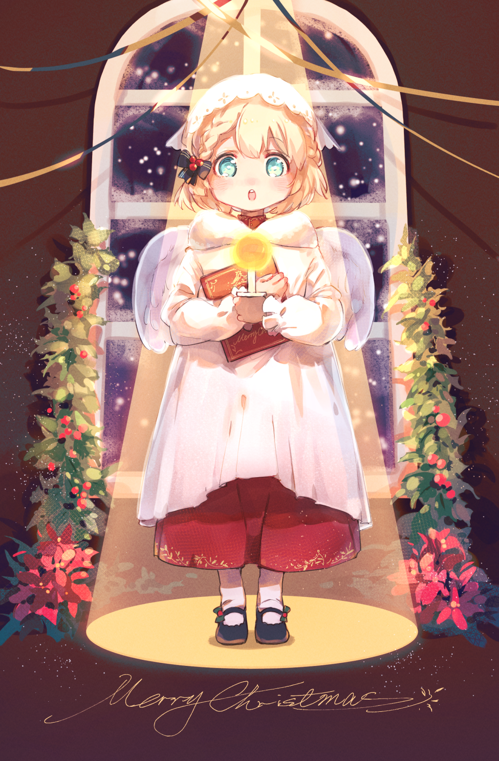 1girl :o aged_down altar angel_wings black_footwear blonde_hair blue_eyes brown_background candle christmas dress english_text feathered_wings full_body fur-trimmed_collar fur_trim g36_(girls'_frontline) g36_(mini_maid)_(girls'_frontline) girls'_frontline hair_ribbon head_scarf highres imoko_(imonatsuki) long_sleeves maid_headdress mary_janes merry_christmas mistletoe red_skirt ribbon robe shoes skirt snowing solo spotlight standing upper_body white_dress white_hat window wings