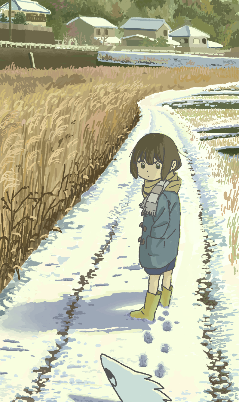 1girl blue_coat blue_shorts boots bridge brown_eyes brown_hair closed_mouth coat day dot_mouth footprints grass grey_scarf hands_in_pockets highres long_sleeves looking_at_creature looking_back looking_down original outdoors rubber_boots rural scarf scenery shadow short_hair shorts snow solo striped_clothes striped_scarf tall_grass village winter yellow_footwear yoshiaki_(yosiaki02)