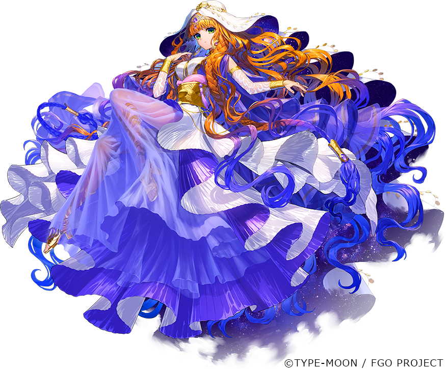 1girl braid breasts crown detached_sleeves fate/grand_order fate_(series) green_eyes hand_on_own_chest haydee_(fate) high_heels large_breasts long_hair multicolored_hair official_art orange_hair purple_eyes routo solo starry_background white_headdress
