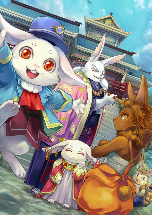 aj_(noranukoaj) animal_ears architecture blue_hat blue_sky closed_eyes dutch_angle earrings east_asian_architecture emul_(shangri-la_frontier) furry furry_female furry_male japanese_clothes jewelry long_sleeves open_mouth outdoors rabbit rabbit_ears shangri-la_frontier sky smile stairs stone_stairs vysache_(shangri-la_frontier)