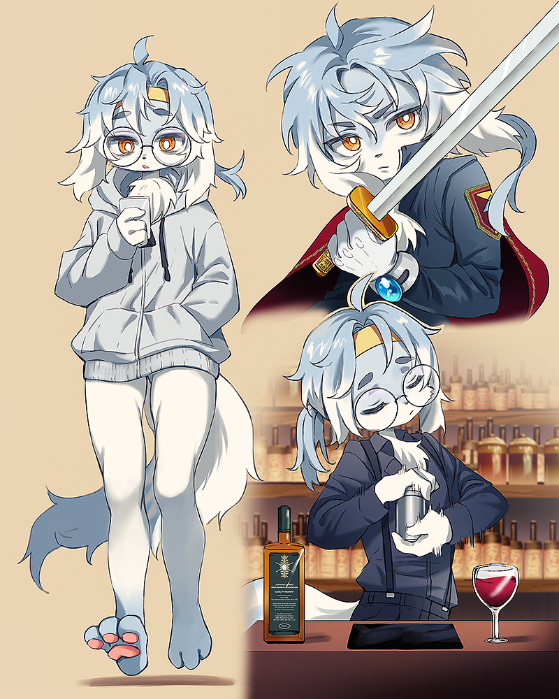 1boy ahoge alcohol androgynous bar_(place) bartender blue_hair blue_shirt bottle bright_pupils cape cellphone closed_eyes commission cup drawstring drinking_glass full_body furry furry_male glasses go_(1o22g) hand_in_pocket headband holding holding_phone holding_sword holding_weapon hood hoodie light_blue_hair long_sleeves looking_at_phone looking_down male_focus multicolored_hair no_pants orange_eyes original parted_lips pawpads phone ponytail red_cape round_eyewear shirt simple_background smartphone solo suspenders sword walking weapon whiskey white_hair white_pupils wine wine_glass yellow_headband