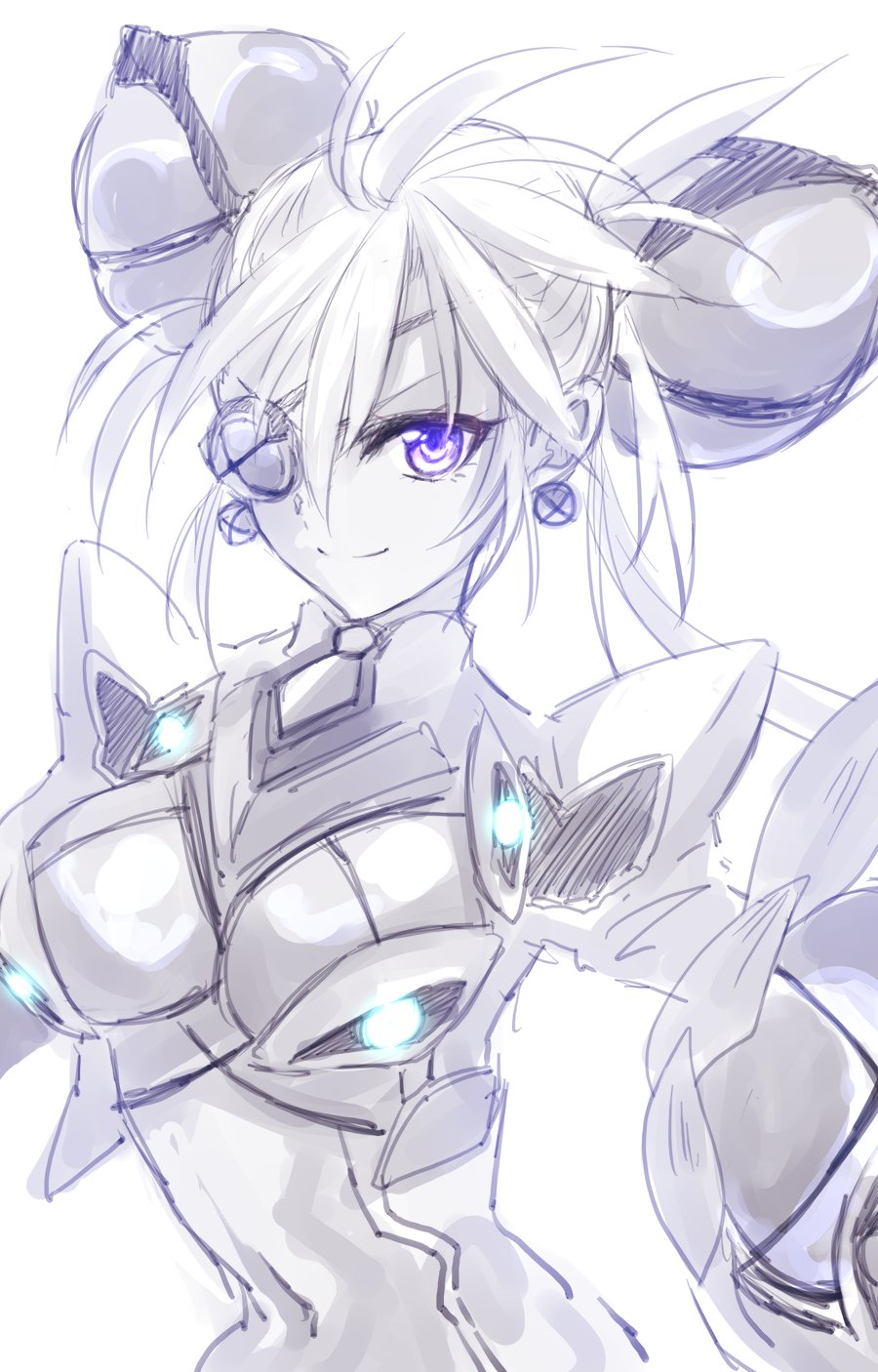 1girl bodysuit closed_mouth commentary_request covered_navel eyepatch hair_between_eyes highres himo monochrome praxis_(xenoblade) purple_eyes simple_background smile solo spot_color upper_body white_background xenoblade_chronicles_(series) xenoblade_chronicles_2