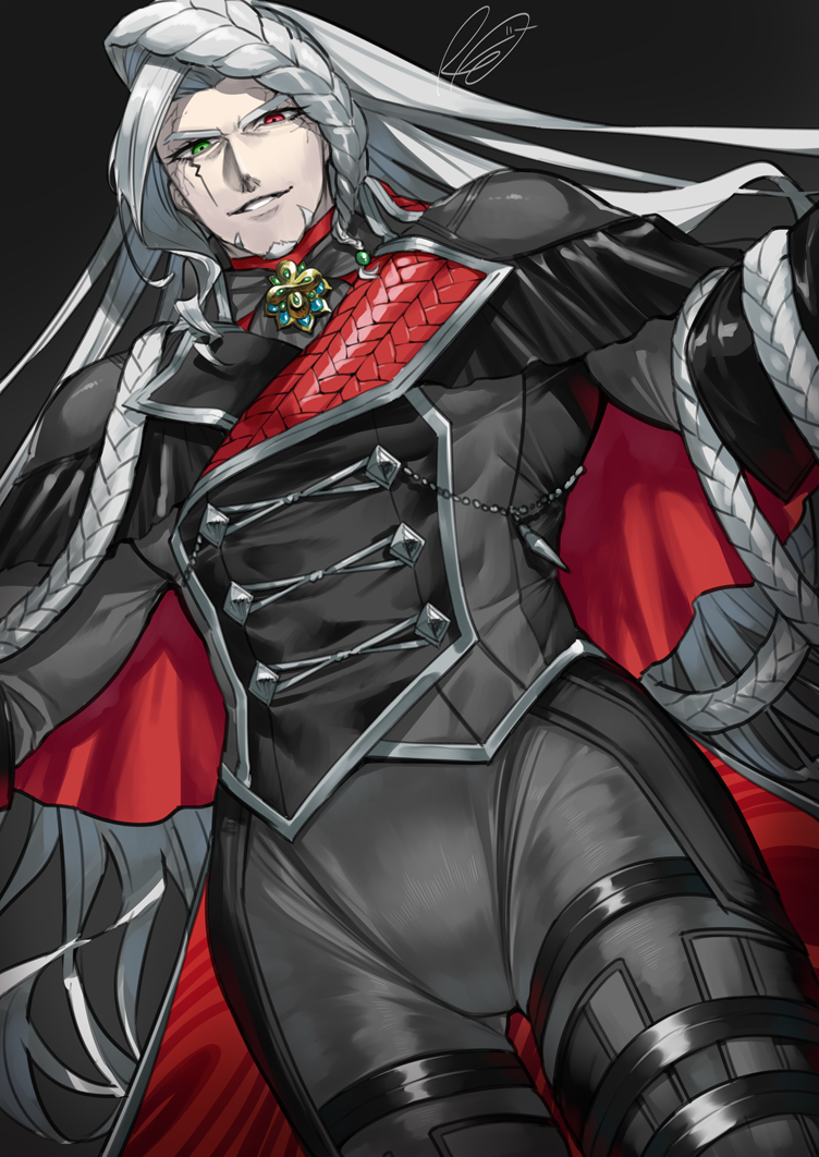 1boy alessandro_cagliostro_(fate) braid buttons cape double-breasted facial_hair facial_mark fate/grand_order fate_(series) goatee green_eyes grey_hair heterochromia long_hair male_focus red_cape red_eyes rkp signature smile