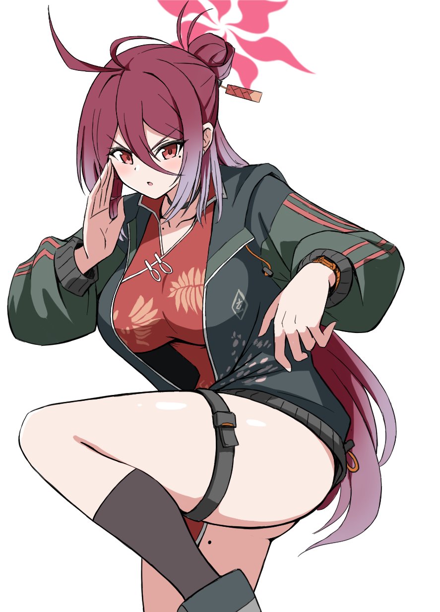 1girl antenna_hair ass black_socks blue_archive blush breasts china_dress chinese_clothes collarbone dress green_jacket halo highres jacket large_breasts long_hair long_sleeves mole mole_on_thigh open_clothes open_jacket open_mouth red_dress red_eyes red_hair red_halo reijo_(blue_archive) simple_background socks solo suke_(share_koube) thigh_strap thighs white_background
