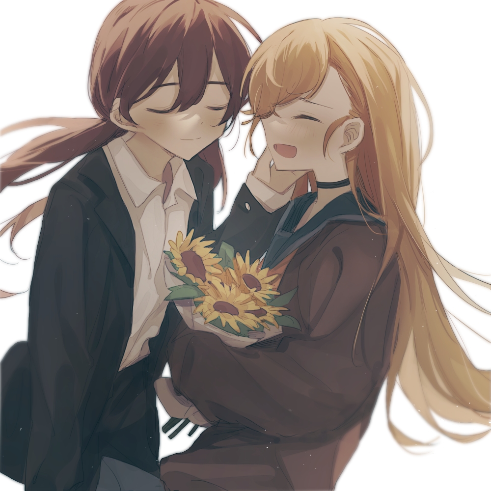 2girls black_choker black_jacket blonde_hair blush bouquet brown_hair choker closed_eyes closed_mouth collared_shirt flower hand_on_another's_cheek hand_on_another's_face holding holding_bouquet inuko_(ink0425) jacket long_hair long_sleeves multiple_girls open_mouth original sailor_collar school_uniform serafuku shirt simple_background smile sunflower twintails white_background white_shirt yuri