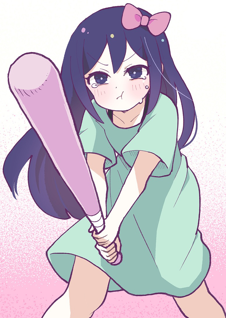 1girl aubrey_(headspace)_(omori) aubrey_(omori) baseball_bat blush bow bright_pupils closed_mouth collarbone crying crying_with_eyes_open doroidsan dress gradient_background green_dress hair_between_eyes hair_bow holding holding_baseball_bat long_hair looking_ahead omori pink_background pink_bow purple_eyes purple_hair short_sleeves solo tears v-shaped_eyebrows white_background white_pupils