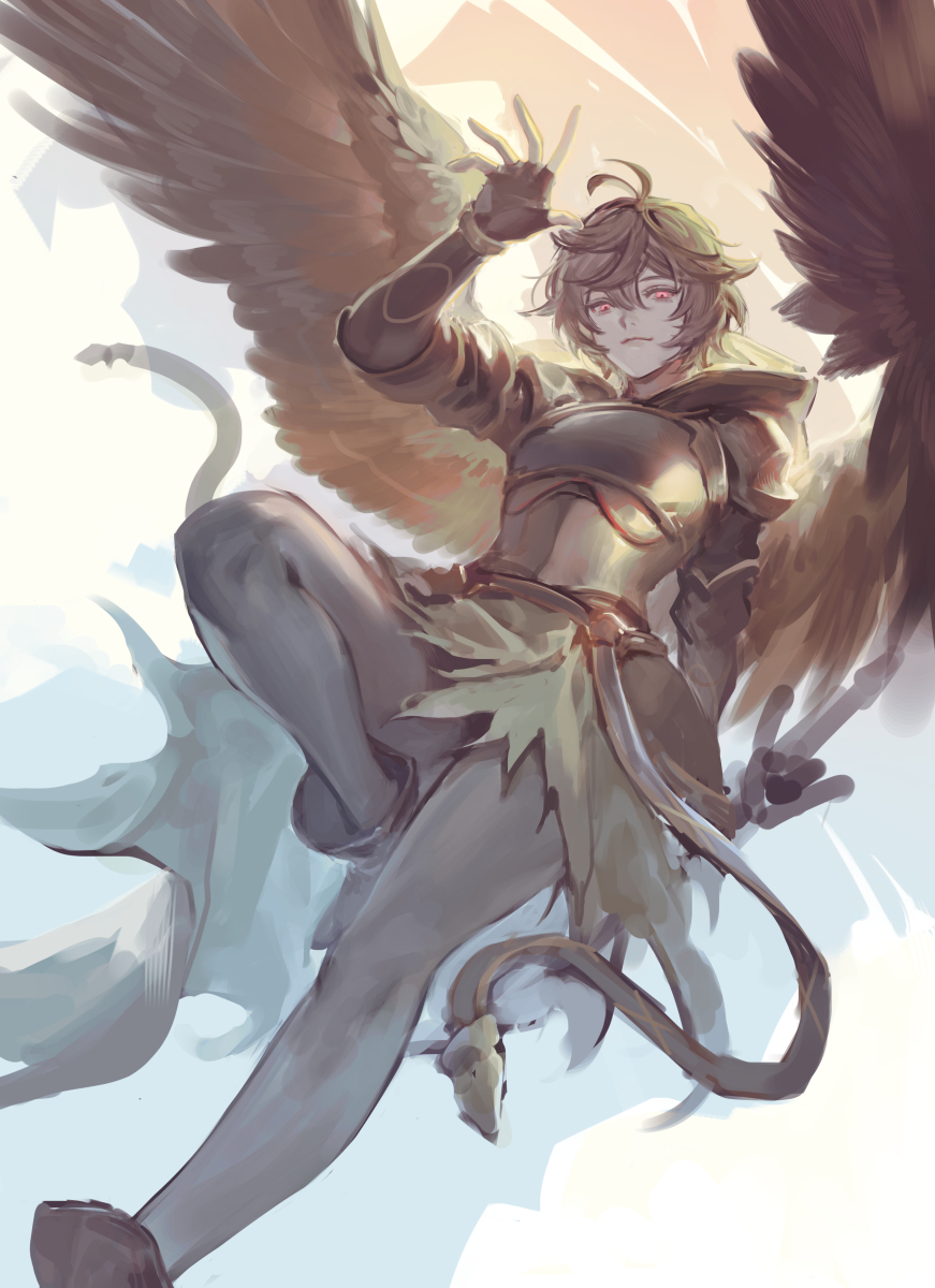 1boy ahoge armor backlighting boots breastplate brown_hair brown_wings cape commentary_request empty_eyes evil_smile feathered_wings fingerless_gloves floating_cape floating_clothes full_body gloves granblue_fantasy green_cape hair_between_eyes high_heel_boots high_heels highres holding holding_sword holding_weapon hood hood_down knee_up male_focus messy_hair pants sandalphon_(granblue_fantasy) smile solo_focus sword tight_clothes tight_pants tki waving weapon wings