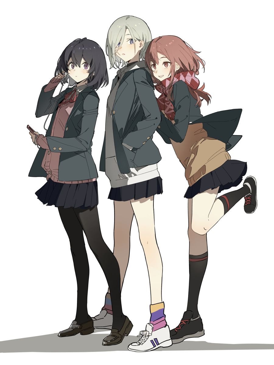 3girls argyle_clothes argyle_scarf bare_legs black_eyes black_footwear black_hair black_pantyhose black_skirt black_socks blue_jacket blue_sleeves brown_eyes brown_hair brown_vest buttons cellphone character_request commentary_request copyright_request cross-laced_footwear earbuds earphones eyelashes full_body grey_eyes grin hair_over_one_eye hand_in_own_hair hands_in_pockets hands_on_another's_back highres holding holding_phone hood hoodie jacket kneehighs knees leg_up light_blush loafers long_hair long_sleeves medium_hair microskirt multiple_girls neck_ribbon open_clothes open_jacket pantyhose parted_lips phone pink_vest pleated_skirt purple_socks red_ribbon red_scarf ribbon scarf second-party_source shadow shoes simple_background skirt sleeves_past_wrists smartphone smile sneakers socks standing two-tone_socks vest white_background white_footwear white_hair white_hoodie yellow_socks zhibuji_loom