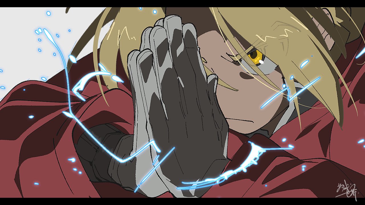 1boy blonde_hair closed_mouth coat edward_elric electricity fullmetal_alchemist hair_between_eyes letterboxed long_sleeves male_focus own_hands_together prosthesis prosthetic_arm red_coat sameyama_jiro signature simple_background solo yellow_eyes