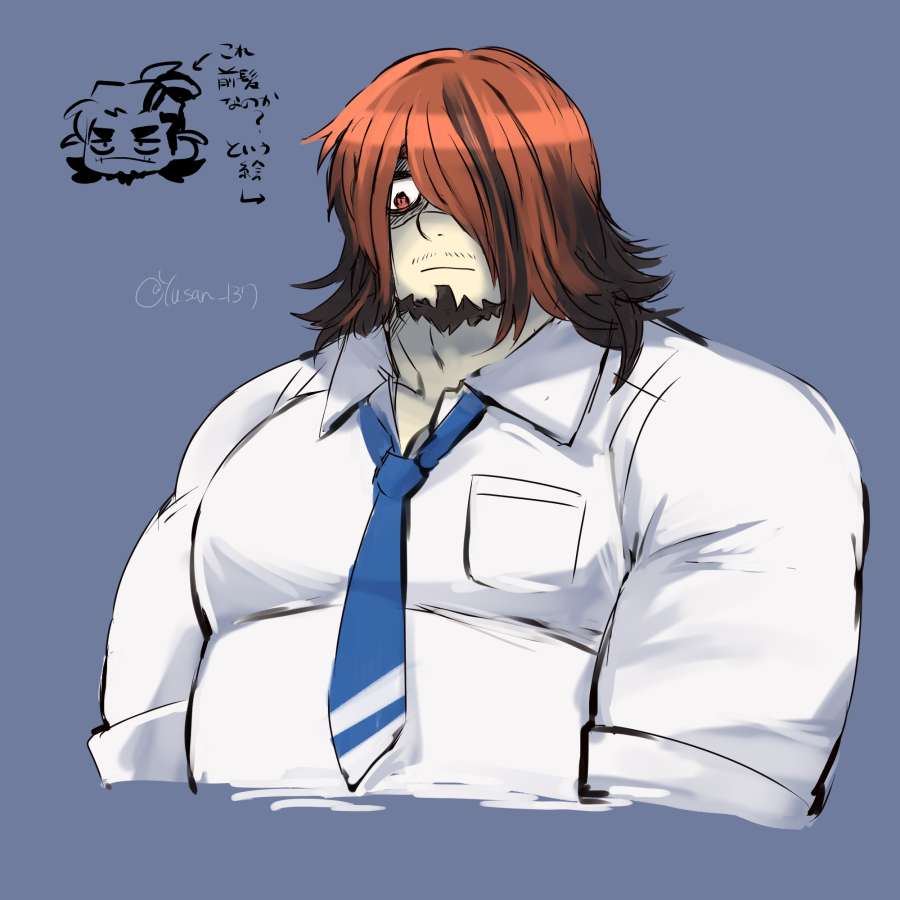 1boy bara blue_necktie boogeyman_(housamo) facial_hair goatee hair_down hiramushi_(yusan_137) multicolored_hair muscular muscular_male necktie red_eyes solo stubble tokyo_afterschool_summoners two-tone_hair