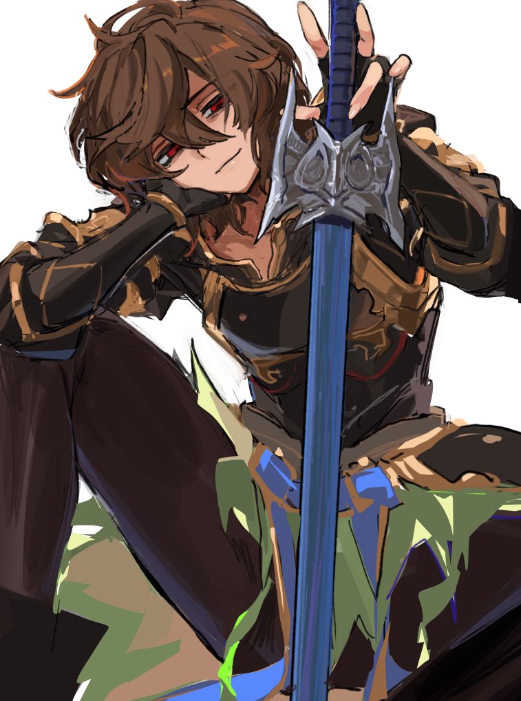 1boy ahoge arm_on_knee armor belt blue_belt breastplate brown_hair cape cropped_legs empty_eyes evil_smile granblue_fantasy green_cape hair_between_eyes hand_on_own_cheek hand_on_own_face holding holding_sword holding_weapon knee_up light_smile looking_at_viewer male_focus messy_hair official_alternate_costume pants partially_shaded_face red_eyes sandalphon_(granblue_fantasy) short_hair sitting smile solo_focus sword tight_clothes tight_pants wahoosandalphon weapon white_background