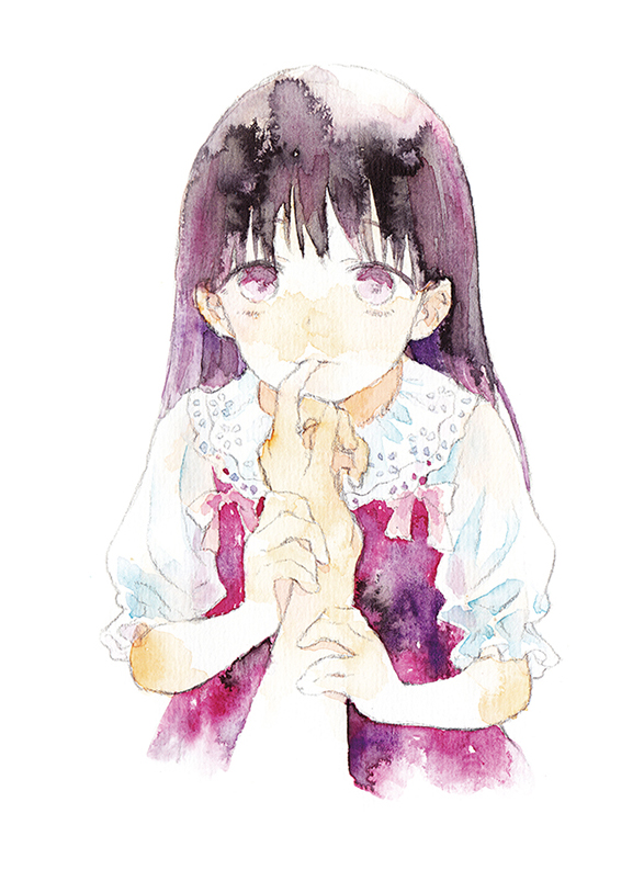 1girl 1other black_hair dress finger_in_another's_mouth hand_on_another's_arm lace-trimmed_collar lace_trim long_hair looking_at_viewer moekon original out_of_frame painting_(medium) pov pov_hands puffy_short_sleeves puffy_sleeves purple_dress purple_eyes purple_hair shirt short_sleeves simple_background solo_focus straight-on traditional_media upper_body watercolor_(medium) white_background white_shirt