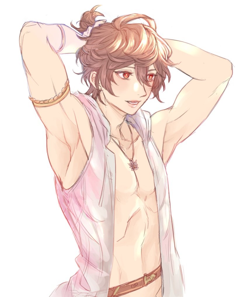 1boy ahoge armlet arms_up belt blush bottomless brown_hair english_commentary granblue_fantasy hair_between_eyes hands_in_hair hihazuki jewelry male_focus messy_hair necklace parted_lips pectorals red_eyes sandalphon_(granblue_fantasy) shirt short_hair sketch sleeveless sleeveless_shirt summer topless_male wet wet_clothes wet_hair white_background