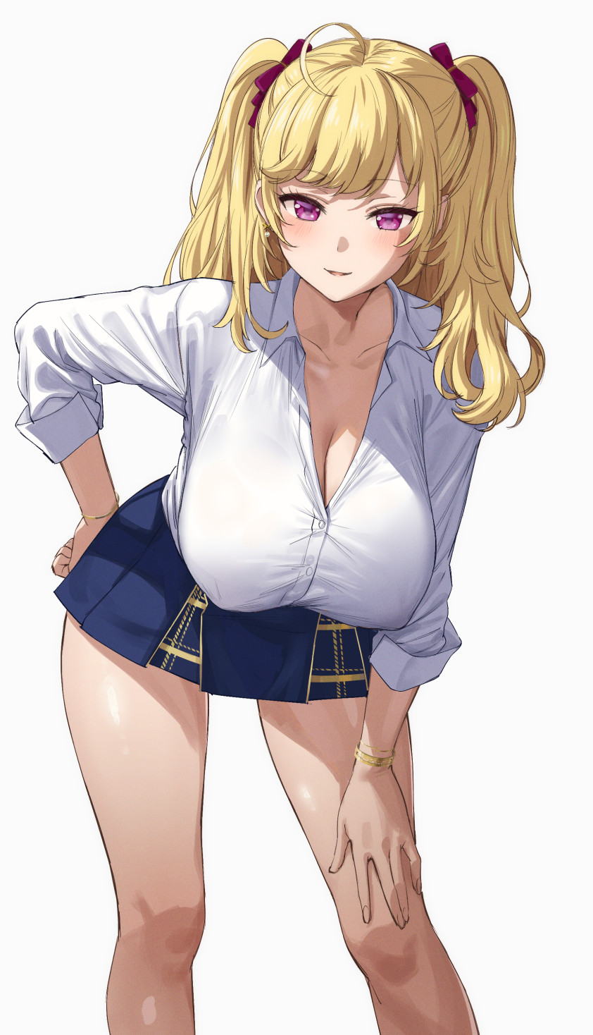 1girl ahoge blonde_hair blue_skirt blush bracelet breasts cleavage collared_shirt commentary covered_nipples dress_shirt earrings eyelashes feet_out_of_frame fuooooo hair_ribbon hand_on_own_hip hand_on_own_knee highres jewelry large_breasts layered_skirt leaning_forward long_hair looking_at_viewer miniskirt nijisanji official_alternate_costume parted_lips plaid plaid_skirt purple_eyes red_ribbon ribbon shirt simple_background skirt smile solo standing swept_bangs takamiya_rion takamiya_rion_(7th_costume) two_side_up virtual_youtuber white_background white_shirt wing_collar
