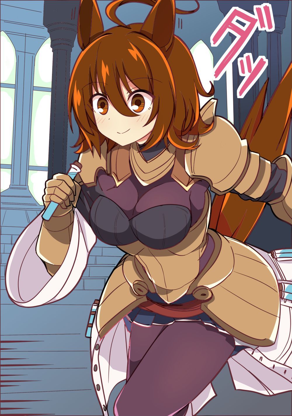 1girl agnes_tachyon_(umamusume) ahoge alternate_costume animal_ears brown_eyes brown_gloves brown_hair capelet coat commentary_request corset cowboy_shot earrings gloves highres holding holding_test_tube horse_ears horse_girl indoors jewelry long_sleeves open_clothes open_coat pants single_earring solo tail_raised test_tube umamusume wahiko_(black_bastard)