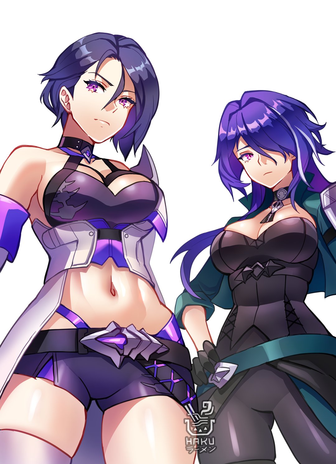 2girls acheron_(honkai:_star_rail) acheron_(honkai:_star_rail)_(cosplay) allegra_clark black_gloves breasts choker cleavage commentary cosplay costume_switch crossover fire_emblem fire_emblem:_three_houses gloves hair_over_one_eye hakuramen highres honkai:_star_rail honkai_(series) long_hair looking_at_viewer multicolored_hair multiple_girls purple_eyes purple_hair shamir_nevrand shamir_nevrand_(cosplay) short_hair streaked_hair very_long_hair voice_actor_connection