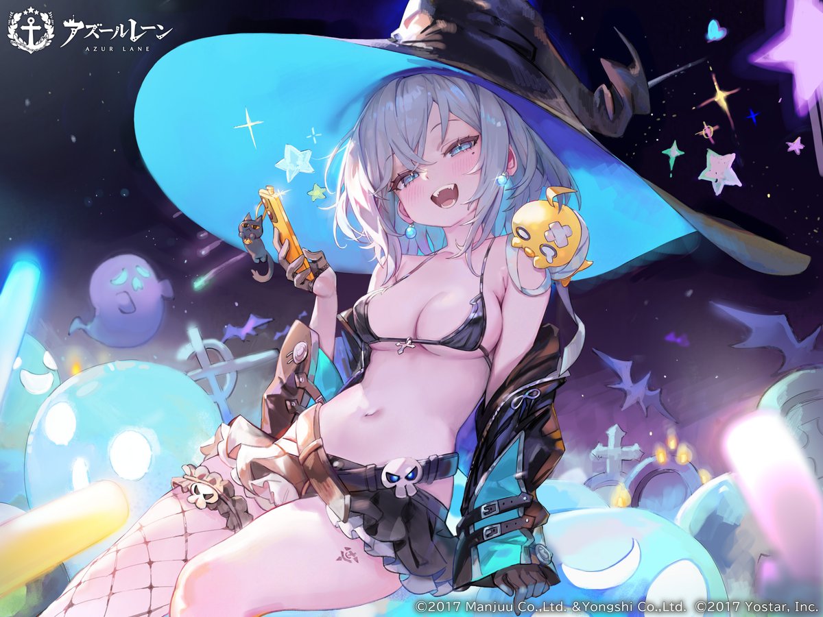 azur_lane bandaid bandaid_on_head bikini black_bikini black_gloves black_jacket black_skirt cat_ornament cellphone fangs fishnet_thighhighs fishnets freng frilled_straps ghost gloves half_gloves hat holding holding_phone jacket jade_(a_good_girl's_magic)_(azur_lane) jade_(azur_lane) layered_skirt leather leather_jacket looking_at_viewer manjuu_(azur_lane) microskirt mole mole_under_eye navel off_shoulder official_alternate_costume official_art open_clothes open_jacket open_mouth phone pink_hair single_thighhigh skirt skull_belt smartphone smile star_(symbol) swimsuit thighhighs witch witch_hat