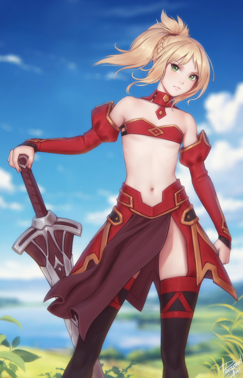 1girl bare_shoulders braid cloud detached_collar detached_sleeves fate/grand_order fate_(series) green_eyes highres midriff mordred_(fate) navel outdoors personal_ami ponytail scrunchie skindentation sky solo strapless sword thighhighs tube_top weapon wind