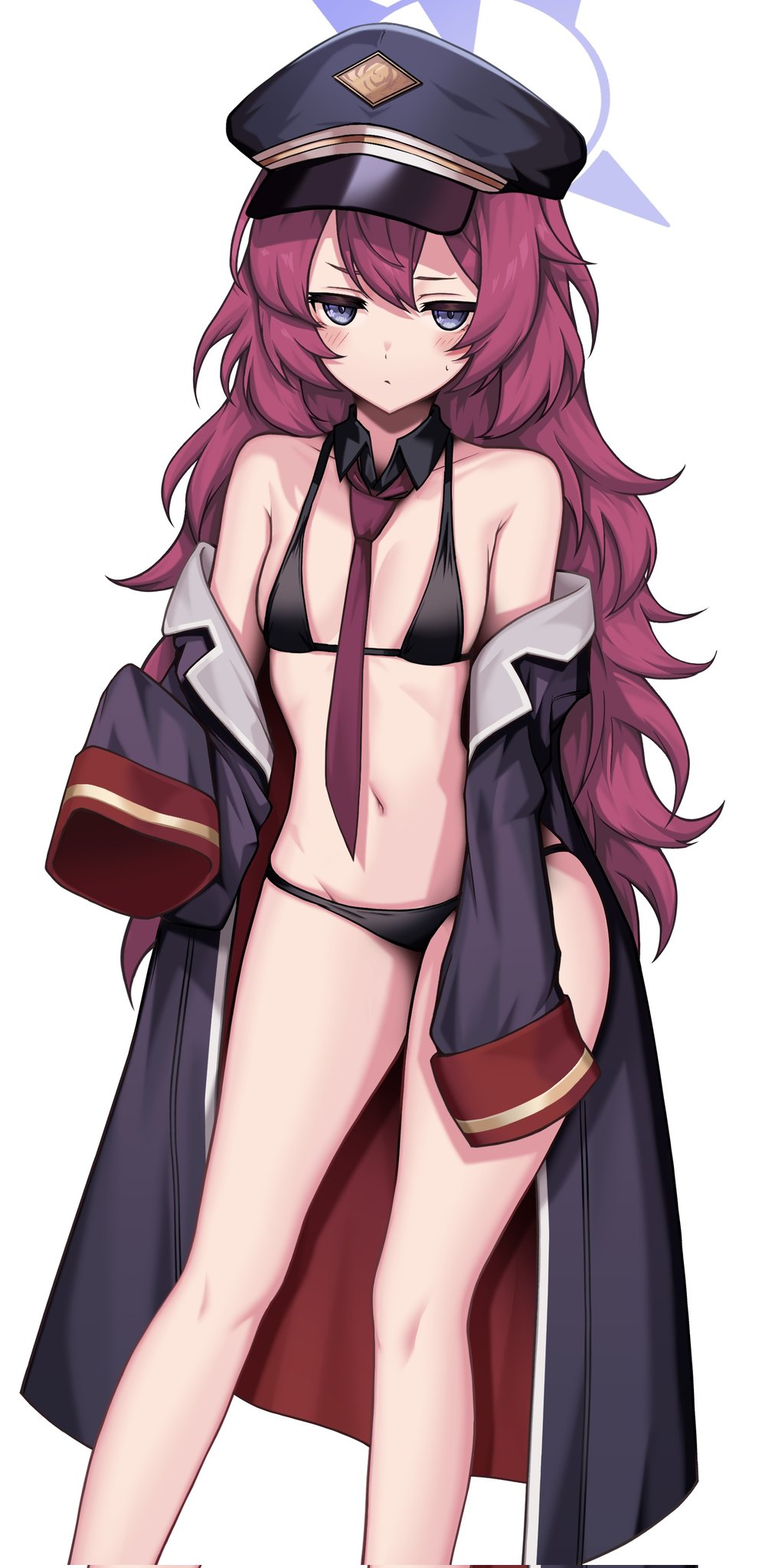 1girl bare_shoulders bikini black_bikini black_coat blue_archive blush breasts coat commentary_request corrupted_twitter_file detached_collar highres iroha_(blue_archive) kushinaka long_hair looking_at_viewer navel necktie off_shoulder purple_eyes red_hair red_necktie simple_background sleeves_past_fingers sleeves_past_wrists small_breasts solo stomach swimsuit white_background