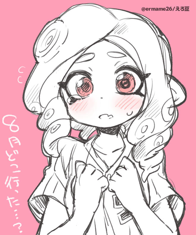 blush eromame hand_on_own_chest looking_at_viewer octoling octoling_girl octoling_player_character pink_background pink_eyes shirt splatoon_(series) splatoon_3 sweat t-shirt tears tentacle_hair