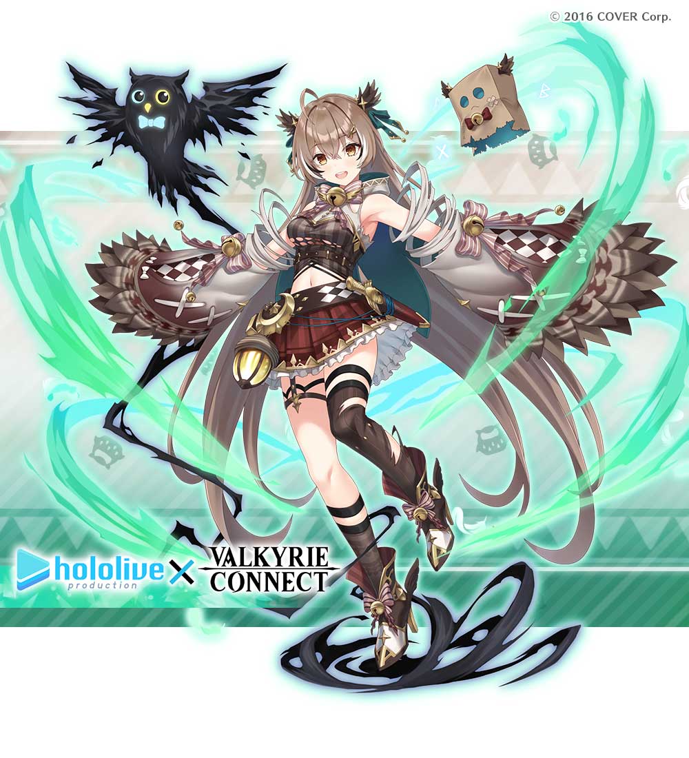 1girl :d ahoge ankle_boots armpit_crease armpits asymmetrical_legwear bell boots bow bowtie brown_cape brown_eyes brown_hair cape clothing_cutout company_name crop_top crossed_bangs dagger detached_sleeves double-parted_bangs energy feather_sleeves friend_(nanashi_mumei) frilled_skirt frills hair_between_eyes hair_ornament hairclip hololive hololive_english hootsie_(nanashi_mumei) knee_strap kneehighs knife lantern long_hair looking_at_viewer midriff multicolored_hair nanashi_mumei navel neck_bell nightmare_(owl)_(nanashi_mumei) official_alternate_costume official_alternate_hairstyle plaid plaid_skirt pleated_skirt puffy_sleeves red_skirt ribbon single_kneehigh single_sock single_thighhigh skirt smile socks steel-toe_boots streaked_hair teeth thigh_strap thighhighs underboob_cutout upper_teeth_only valkyrie_connect very_long_hair virtual_youtuber weapon wind wing_hair_ornament