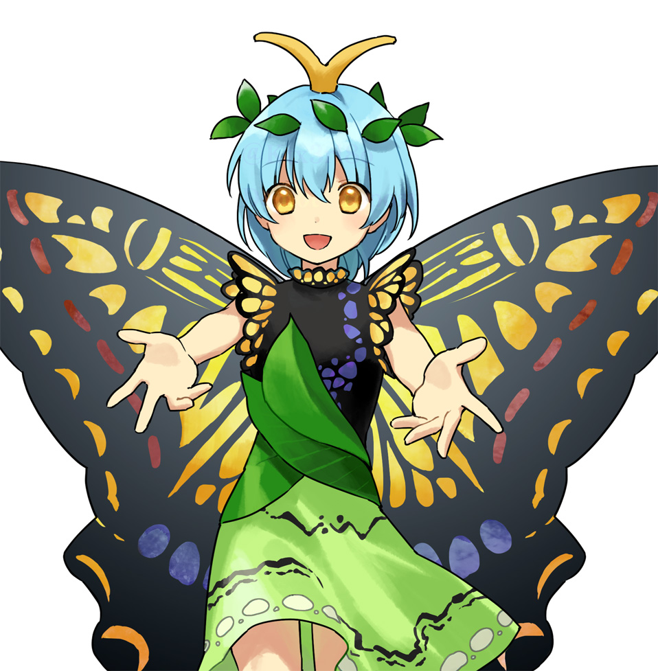 1girl antennae aqua_hair breasts butterfly_wings cowboy_shot dress eternity_larva fairy green_dress hair_between_eyes insect_wings kaigen_1025 leaf leaf_on_head looking_at_viewer multicolored_clothes multicolored_dress open_mouth short_hair short_sleeves simple_background small_breasts smile solo touhou white_background wings yellow_eyes