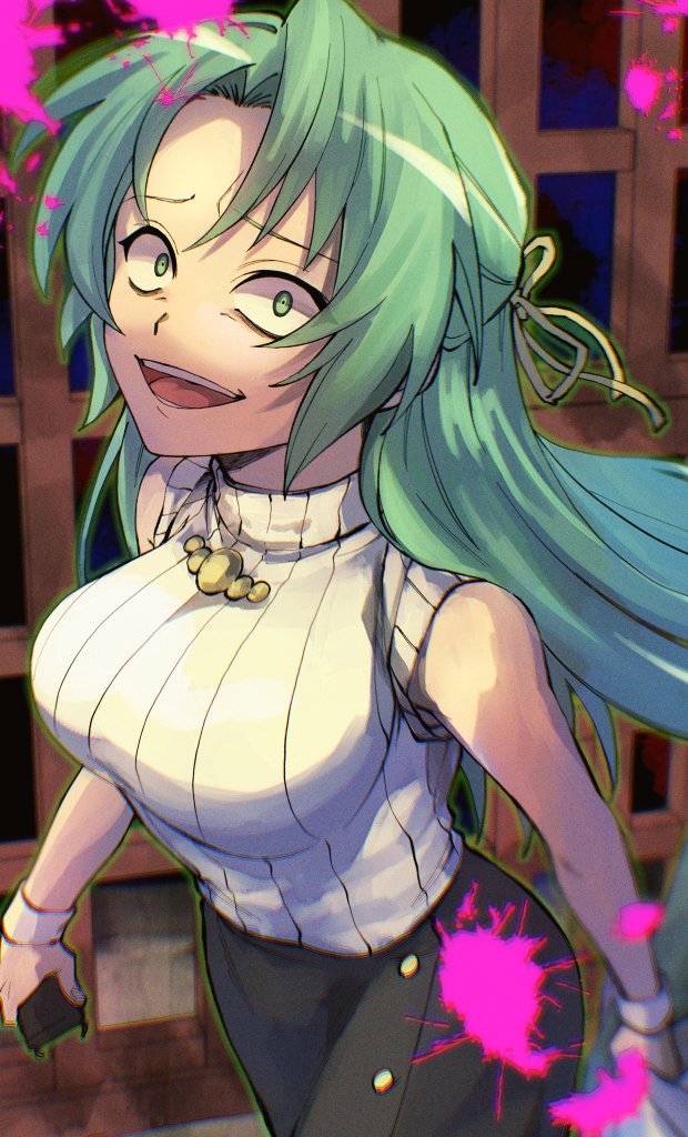 1girl bare_arms bare_shoulders black_skirt blood blood_splatter breasts cowboy_shot crazy crazy_eyes crazy_smile from_above furrowed_brow glowing green_eyes green_hair hair_ribbon half_updo higurashi_no_naku_koro_ni holding indoors large_breasts long_hair looking_at_viewer medium_bangs nose ookuri3939 open_mouth parted_bangs pencil_skirt pink_blood raised_eyebrows ribbon sanpaku sidelocks skirt sleeveless sleeveless_sweater sleeveless_turtleneck smile solo sonozaki_shion stun_gun sweater teeth tongue turtleneck turtleneck_sweater walking wrist_cuffs yellow_ribbon