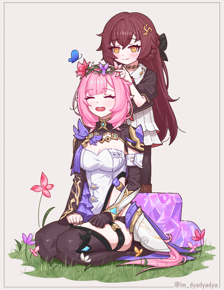 2girls :d black_bow black_gloves black_pantyhose black_shirt black_thighhighs blush bow braid breasts brown_footwear brown_hair bug butterfly cleavage closed_eyes dress dyadyadya eden_(honkai_impact) eighth_note elbow_gloves elysia_(honkai_impact) elysia_(miss_pink_elf)_(honkai_impact) flower gloves grey_background hair_bow hair_flower hair_ornament hand_up honkai_(series) honkai_impact_3rd layered_skirt long_hair medium_breasts multiple_girls musical_note orange_eyes pantyhose pink_flower pink_hair pleated_skirt pointy_ears puffy_short_sleeves puffy_sleeves purple_flower seiza shirt shoes short_sleeves simple_background single_glove single_sleeve sitting skirt smile standing teeth thighhighs twitter_username upper_teeth_only very_long_hair white_dress white_skirt