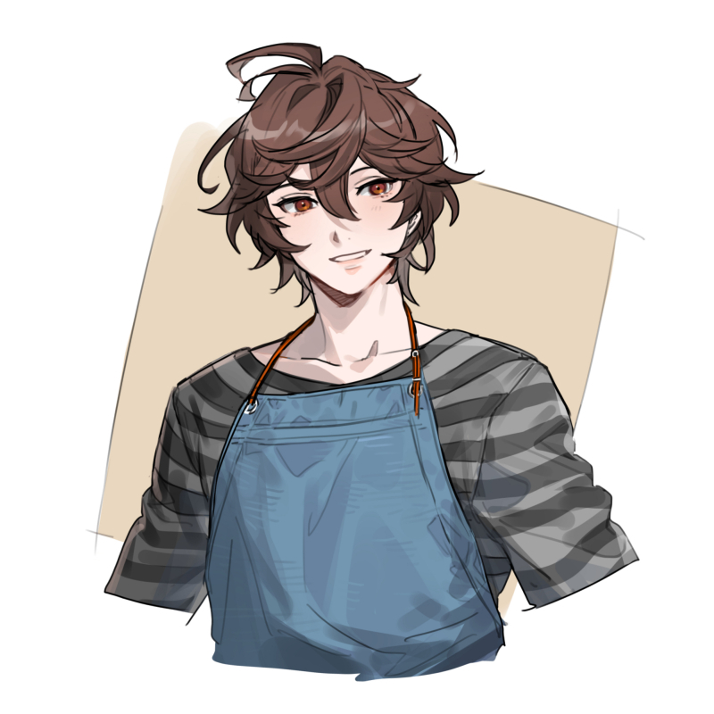 1boy ahoge apron brown_hair commentary_request cropped_torso denim granblue_fantasy hair_between_eyes looking_to_the_side male_focus messy_hair red_eyes sandalphon_(granblue_fantasy) sandalphon_(server_of_a_sublime_brew)_(granblue_fantasy) shirt short_hair smile solo_focus striped_clothes striped_shirt tki upper_body vertical-striped_clothes vertical-striped_shirt