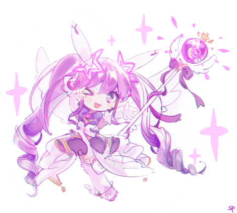 &gt;_o 1girl aisha_landar dress drill_hair elsword full_body gold_trim holding holding_staff long_hair lowres metamorphy_(elsword) one_eye_closed open_mouth purple_dress purple_eyes purple_hair simple_background smile solo sp_els_master staff thighhighs twin_drills twintails very_long_hair white_background white_thighhighs