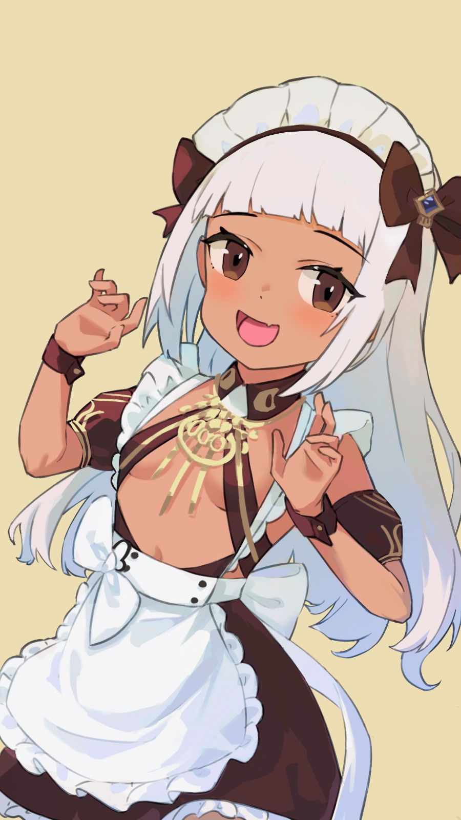 1girl apron azur_lane black_ribbon blunt_bangs breasts brown_eyes dark-skinned_female dark_skin fang hands_up highres long_hair looking_at_viewer maid maid_apron maid_headdress nubian_(azur_lane) open_mouth ping_zhong_yu ribbon simple_background skin_fang small_breasts smile solo white_apron white_hair yellow_background