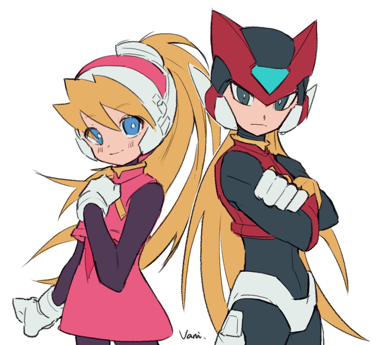 1boy 1girl armor artist_name black_bodysuit black_eyes blonde_hair blue_eyes bodysuit bodysuit_under_clothes ciel_(mega_man) cowboy_shot crop_top crossed_arms forehead_jewel high_ponytail highres long_hair looking_at_viewer mega_man_(series) mega_man_zero_(series) pink_helmet pink_shirt pink_skirt red_helmet red_shirt shirt simple_background skirt sleeveless sleeveless_shirt upper_body vani_(hisha_04) white_background zero(z)_(mega_man) zero_(mega_man)