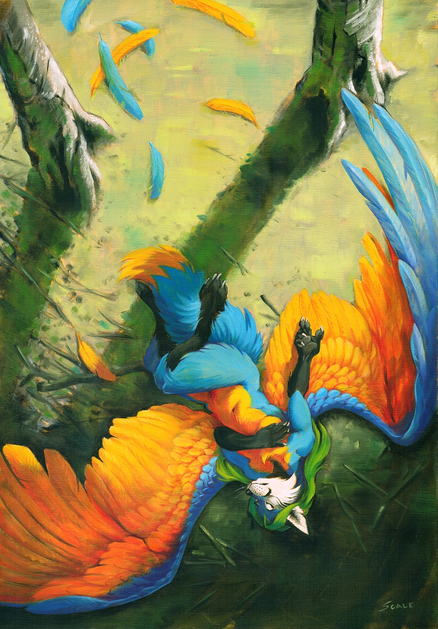 anthro avian bird blue_body blue_fur breasts canid dipstick_tail eyes_closed feathered_wings feathers female fur gloves_(marking) green_hair hair hi_res high-angle_view hybrid leg_markings lying mammal markings navel nude on_back outside plant scale_(artist) socks_(marking) solo spread_wings tail tail_markings tree whiskers wings