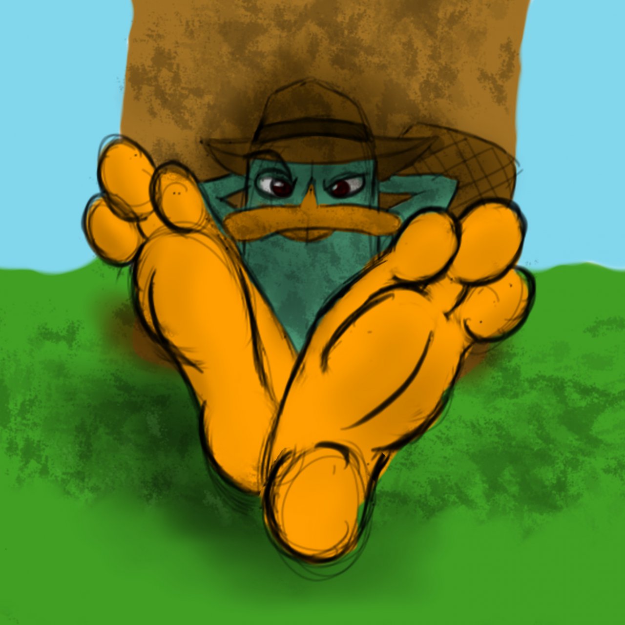 3_toes 3rdharleyjoe anthro clothing crossed_feet disney eyebrows feet foot_focus hands_behind_head hat headgear headwear hi_res looking_at_viewer male mammal monotreme mostly_nude perry_the_platypus phineas_and_ferb plantigrade platypus raised_eyebrow soles solo toes